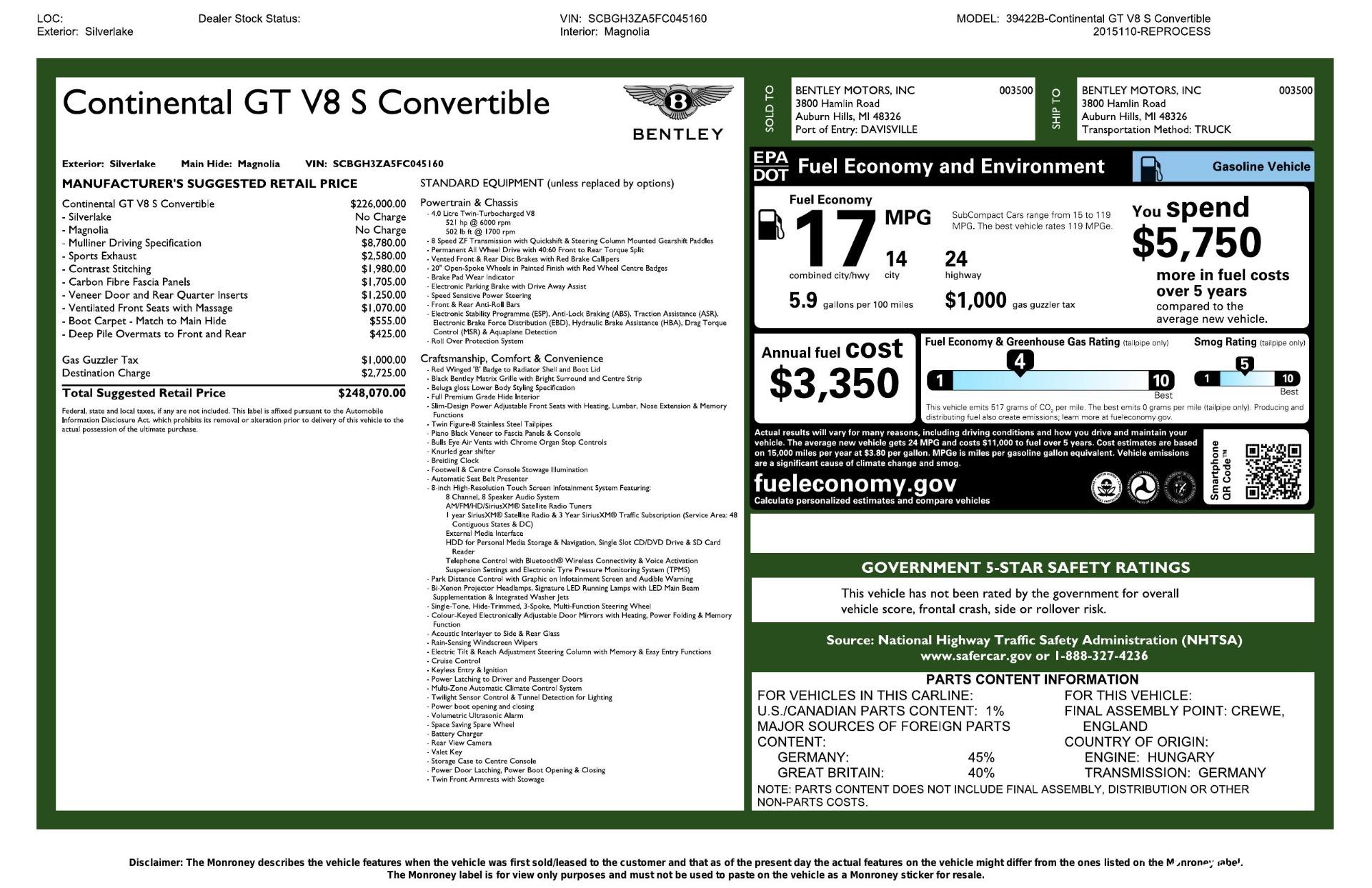 Used 2015 Bentley Continental GT V8 S For Sale ($132,995) | Perfect
