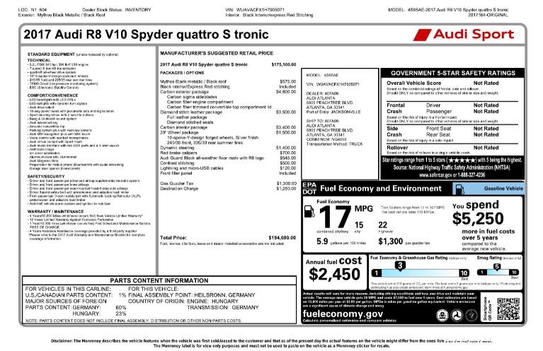 Used 2017 Audi R8 52 quattro V10 Spyder