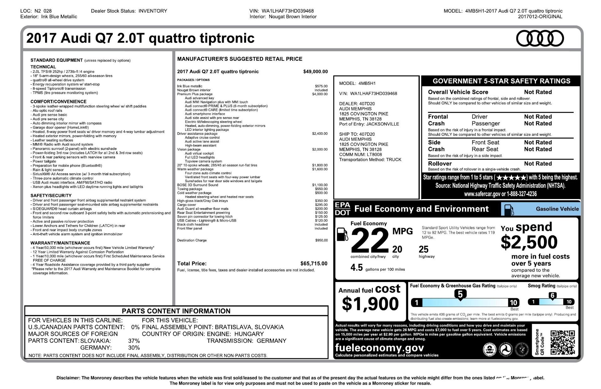 Used 2017 Audi Q7 2.0T quattro Premium Plus for sale Sold at Perfect Auto Collection in Akron OH 44310 2