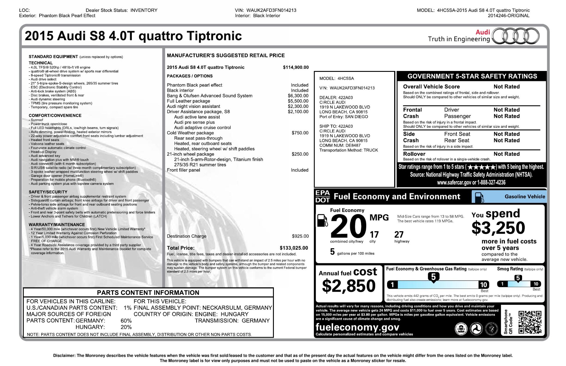 Used 2015 Audi S8 4.0T quattro for sale $50,993 at Perfect Auto Collection in Akron OH 44310 4