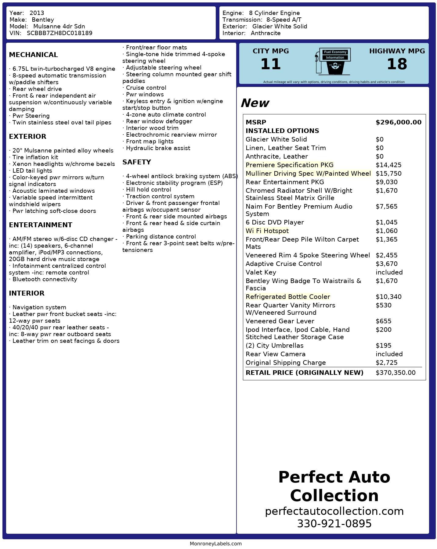 Used 2013 Bentley Mulsanne Mulliner Driving Specification for sale $129,495 at Perfect Auto Collection in Akron OH 44310 2