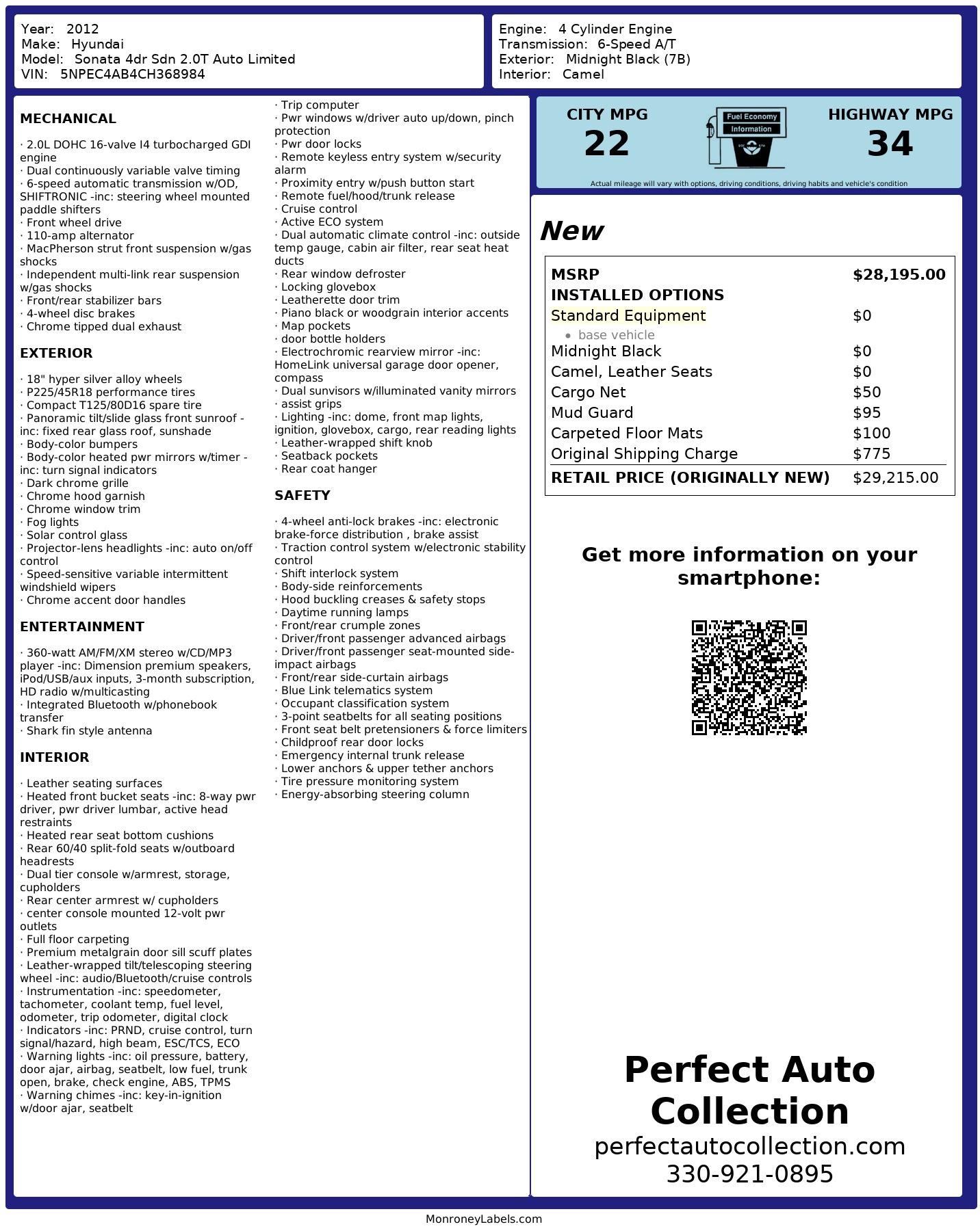 Used 2012 Hyundai Sonata Limited 2.0T for sale Sold at Perfect Auto Collection in Akron OH 44310 2