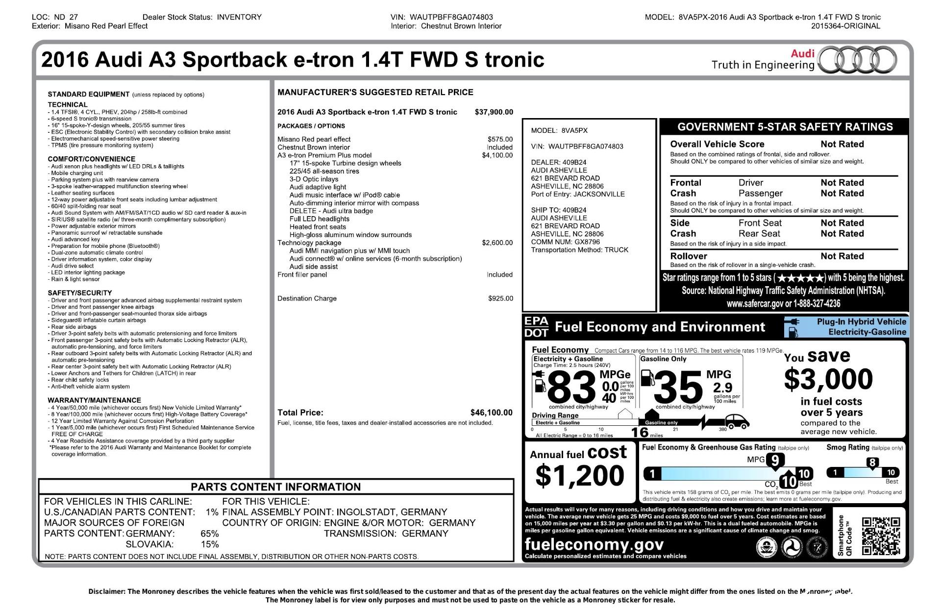 Used 2016 Audi A3 Sportback e-tron 1.4T Premium Plus for sale $18,995 at Perfect Auto Collection in Akron OH 44310 2