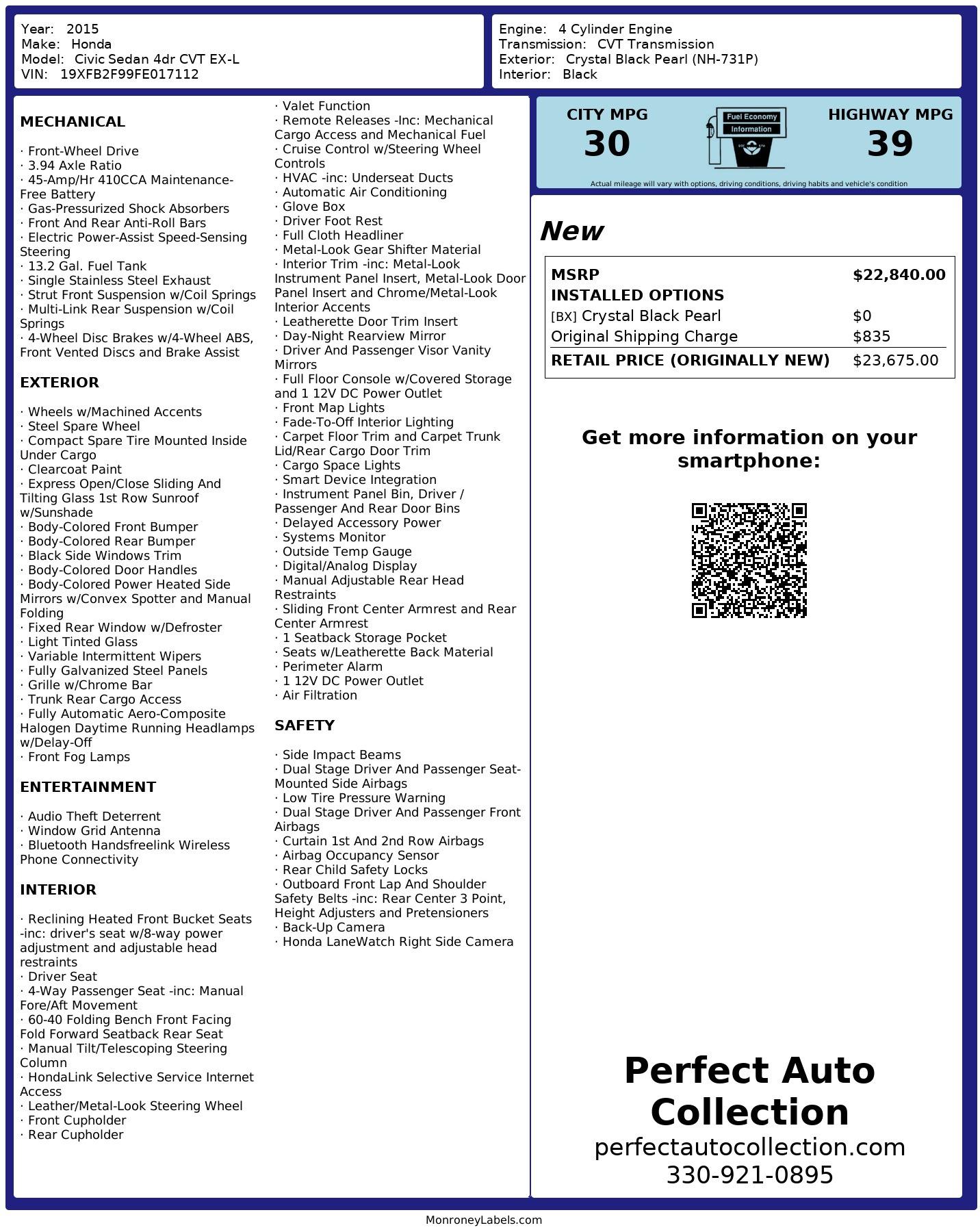 Used 2015 Honda Civic EX-L for sale $10,495 at Perfect Auto Collection in Akron OH 44310 2